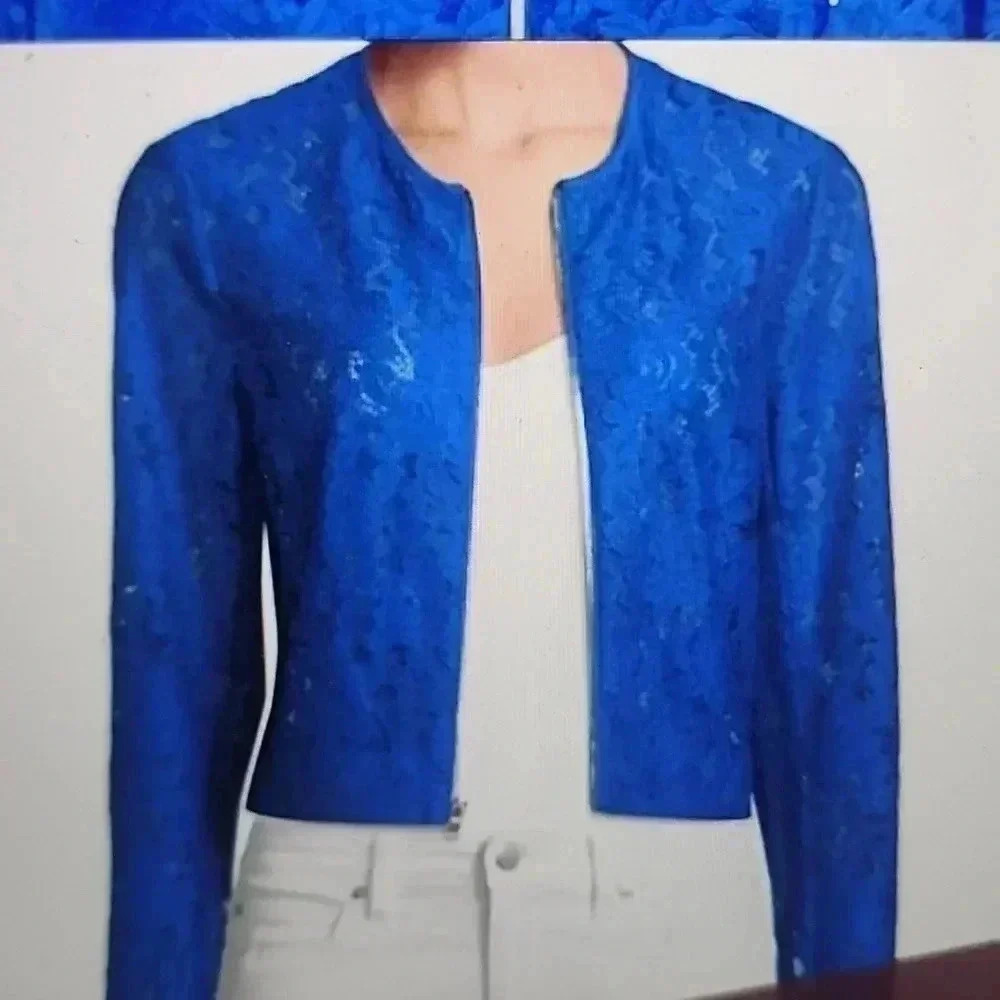 DIANE VON FURSTENBERG L/S FLORAL LACE JACKET BLUE SIZE 2